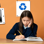 A high school student, thoughtfully sketching or brainstorming on a notepad, surrounded by visual representations of diverse personal experiences (e.g., a small globe for travel, hands for volunteering, a book for learning, a paintbrush for hobbies) and subtle icons of social issues (e.g., a recycle symbol, a tech icon). The setting is a cozy, inspiring study space, emphasizing introspection and the genuine search for a unique speech topic. The student appears deeply engaged in finding their authentic voice.