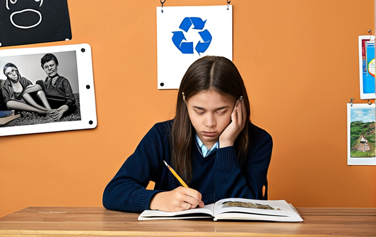 A high school student, thoughtfully sketching or brainstorming on a notepad, surrounded by visual representations of diverse personal experiences (e.g., a small globe for travel, hands for volunteering, a book for learning, a paintbrush for hobbies) and subtle icons of social issues (e.g., a recycle symbol, a tech icon). The setting is a cozy, inspiring study space, emphasizing introspection and the genuine search for a unique speech topic. The student appears deeply engaged in finding their authentic voice.