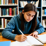 **Image Prompt:** A student diligently working on a research project at a library desk, surrounded by books and notes. The student is fully clothed in casual attire, focused and engaged. The scene is safe for work, appropriate content, and professional looking. Perfect anatomy, correct proportions, natural pose, well-formed hands, proper finger count, natural body proportions. High quality, educational setting, modest clothing.