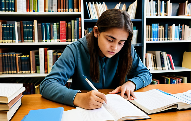 **Image Prompt:** A student diligently working on a research project at a library desk, surrounded by books and notes. The student is fully clothed in casual attire, focused and engaged. The scene is safe for work, appropriate content, and professional looking. Perfect anatomy, correct proportions, natural pose, well-formed hands, proper finger count, natural body proportions. High quality, educational setting, modest clothing.