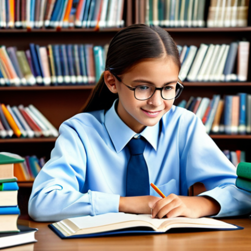 Academic Success**

A diligent high school student, fully clothed in modest school uniform, studying attentively at a library desk filled with books, laptop open, safe for work, appropriate content, perfect anatomy, natural proportions, professional, family-friendly, bright and encouraging atmosphere.

**