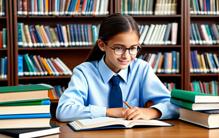 Academic Success**
A diligent high school student, fully clothed in modest school uniform, studying attentively at a library desk filled with books, laptop open, safe for work, appropriate content, perfect anatomy, natural proportions, professional, family-friendly, bright and encouraging atmosphere.
**