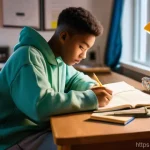 고등학교 방학 공부 계획 - A gender-neutral high school student, aged 16, is deeply immersed in studying at a meticulously orga...