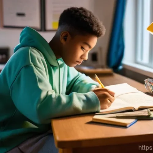 고등학교 방학 공부 계획 - A gender-neutral high school student, aged 16, is deeply immersed in studying at a meticulously orga...