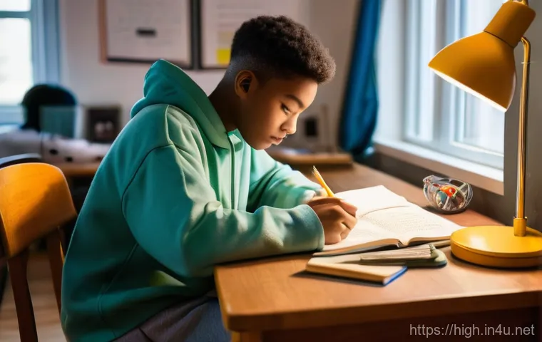 고등학교 방학 공부 계획 - A gender-neutral high school student, aged 16, is deeply immersed in studying at a meticulously orga...