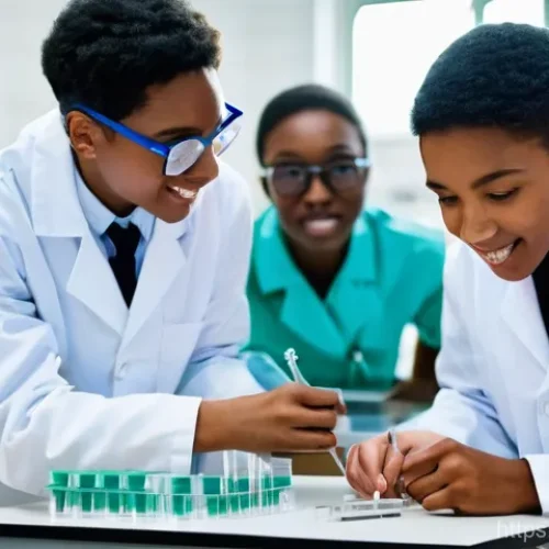 Home 25 고등학교 동아리 추천 - A group of diverse high school students, wearing lab coats, enthusiastically gathered around a workb...