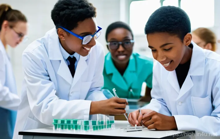 고등학교 동아리 추천 - A group of diverse high school students, wearing lab coats, enthusiastically gathered around a workb...