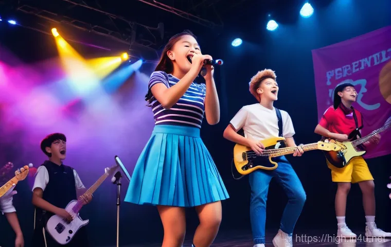 고등학교 동아리 추천 - A group of diverse high school students, wearing lab coats, enthusiastically gathered around a workb...