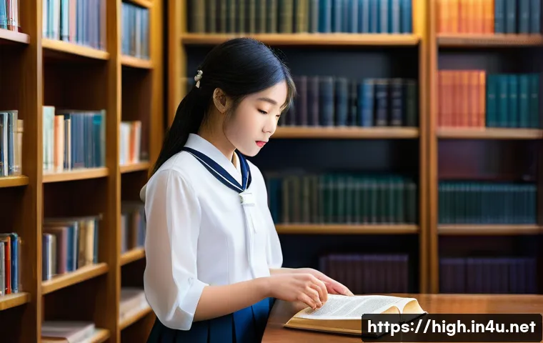 고등학교 국어 문학 필수 개념 - **Prompt 1: Navigating the Literary Landscape**
A focused female high school student, wearing a ...
